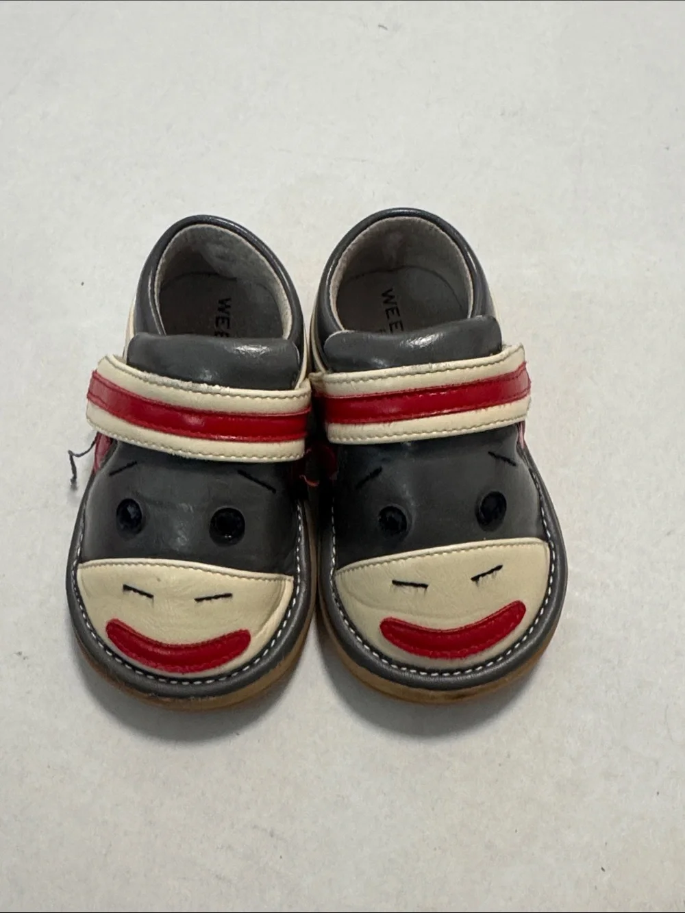 Wee Squeak Kids Grey and Cream Monkey Face Velcro Shoes 6/22